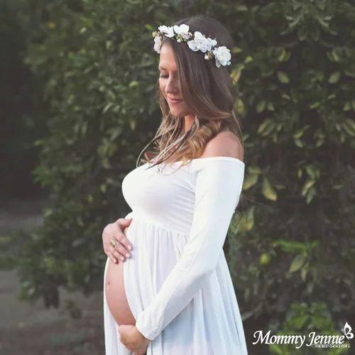 Vista 2 de Mommy Jennie Vestido de maternidad con hombros descubiertos, manga larga, frente dividido, vestido de gasa para sesión de fotos