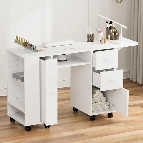 Vista 10 de Mesa de manicura con mesa extensible, mesa de escritorio de uñas para tecnología de uñas con soporte para bolsa de basura y cajón vertical, estación