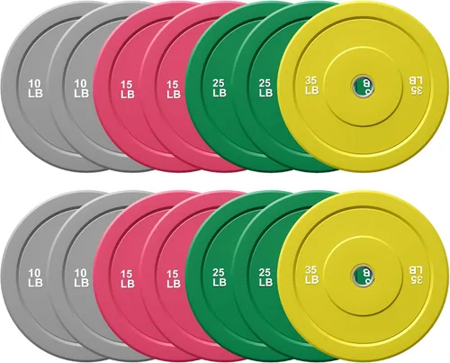 Vista 17 de Discos de Peso con Parachoques de Colores Discos de Peso Olímpicos de 2 Pulgadas, Juego de Discos de Peso de Goma de 10/15/25/35 lb