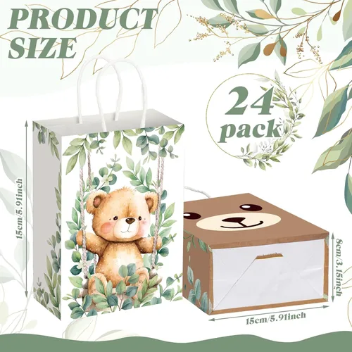 Vista 2 de Yeaqee - 24 bolsas de regalo de papel con asas para fiesta de oso lindo tema de oso con asas, bolsas de dulces para baby shower, fiestas de bosque