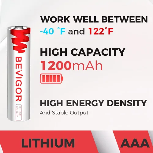 Vista 2 de BEVIGOR Paquete de 4 pilas de litio AAA, baterías de litio triple A, 1.5 V 1200 mAh pilas AAA de larga duración para linterna, juguetes, control