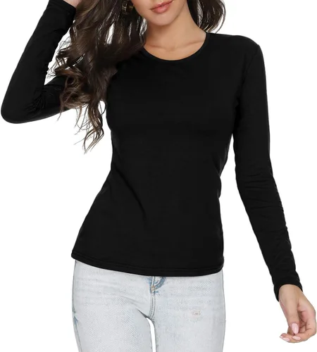 Vista 2 de Camiseta de manga larga ajustada con cuello en V y cuello redondo para mujer, camiseta básica de algodón suave