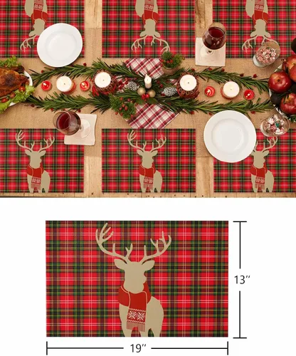 Vista 7 de Juego de 4 manteles individuales de reno de Navidad para mesa de comedor, alce de Navidad con bufanda, a cuadros de búfalo rojo, verde, duradero