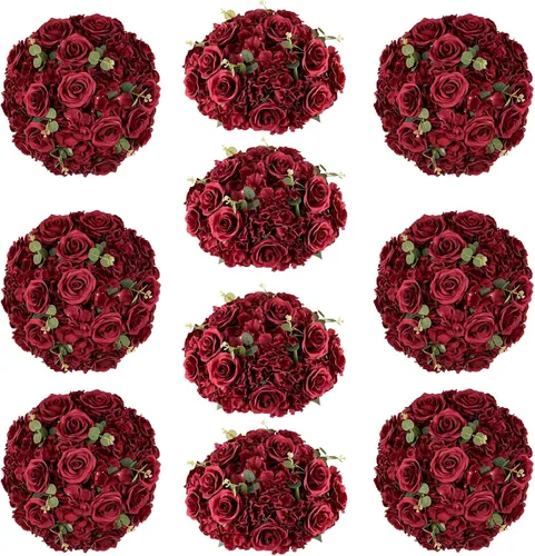 Vista 11 de Bolas de flores burdeos para centros de mesa: 11.8 pulgadas de diámetro, juego de 6
