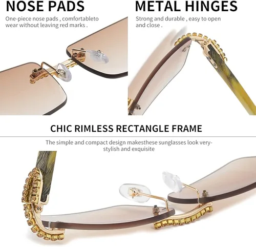 Vista 2 de KAMMPT Gafas de sol vintage sin montura para mujeres y hombres, lentes rectangulares de metal dorado con diamantes sin marco