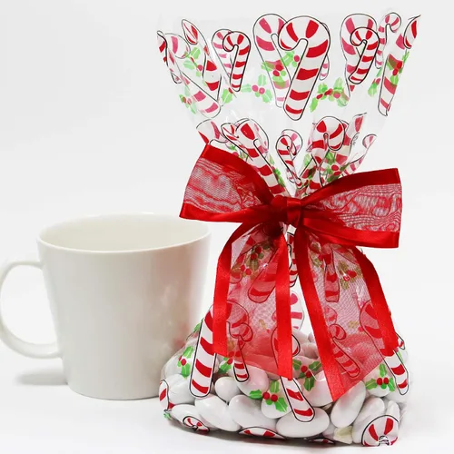 Vista 3 de Saybrook Products Bastones de caramelo de celofán de Navidad con lazo de organza con lazo de organza Twist-Tie Juego de 10 bolsas reforzadas de 11 x