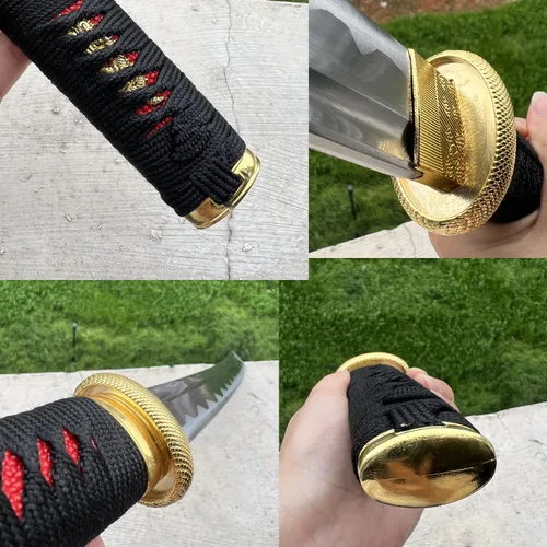 Vista 4 de Katana corta de 19 pulgadas espada samurái afilada mini espada samurái espada completa espiga 1045 acero al carbono medio oro tanto