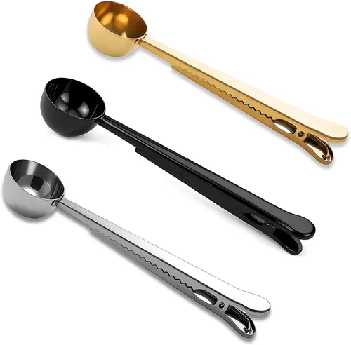 Vista 11 de Cucharas medidoras de café para café molido de acero inoxidable, 1 cucharada con clip para bolsa para café y té, juego de 2 (2 unidades, negro)