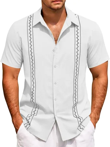 Vista 9 de Camisas de manga corta para hombre, estilo cubano, casual, con botones, para verano, para bolos, holgadas, hawaianas, para vacaciones en la playa