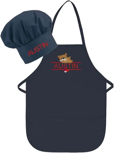 Vista 8 de Conjunto de delantal y sombrero personalizado para niños, diseño de animales, añade tu propio nombre para niños, cocina, horneado Blanco
