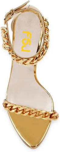 Vista 4 de FSJ Sandalias de tacón alto grueso de metal dorado para mujer, decoración de cadenas sexis con puntera abierta, correa de tobillo, sandalias