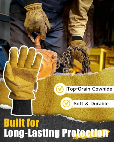 Vista 5 de DULFINE Winter Insulated Cowhide Leather Work Gloves for Men and Women 1 Pair, Thermal 3M Thinsulate Lining, Ideal for Cold Weather Outdoor Work