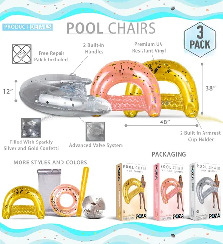 Vista 2 de POZA Silla flotante inflable para piscina, tumbona lujosa rellena de confeti brillante, 2 portavasos y asas integrados, silla flotante de agua