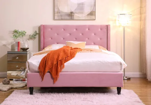 Vista 2 de HomeLife Premiere Classics - Cama de plataforma 007 con listones de terciopelo rosa de 51 pulgadas de alto, incluye cama de plataforma 007