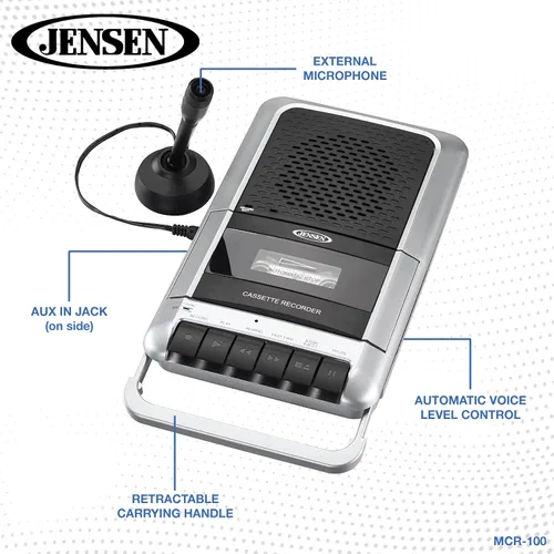 Vista 10 de Jensen MCR-100SB Grabador/reproductor de cassette portátil cuadrado y grabadora de voz con Altavoces y Micrófono integrados y Adaptador