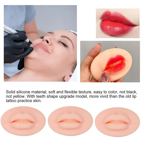 Vista 6 de Labios falsos de tatuaje, 3 piezas de tatuajes, labios de práctica de silicona 5D para prácticas de maquillaje, práctica de tatuajes realistas