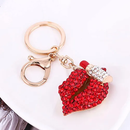 Vista 4 de Llavero con diamantes de imitación de cristal para labios y labiales, llavero de aleación de metal, llavero para bolso, bolso y colgante