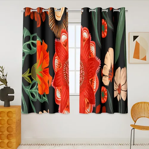 Vista 21 de Tyrot - Cortinas bohemias florales 100% opacas para dormitorio de 63 pulgadas de largo, 2 paneles. Cortinas botánicas de mediados de siglo