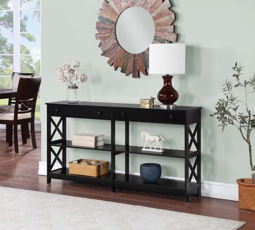 Vista 2 de Convenience Concepts Oxford - Mesa consola de 2 cajones con estantes, 60 pulgadas, color negro