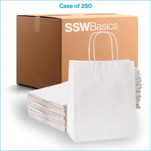 Vista 6 de SSWBasics Bolsas de compras de papel kraft blancas medianas - 8 ¼ L x 4 ¾ D x 10 ½ H - Estuche