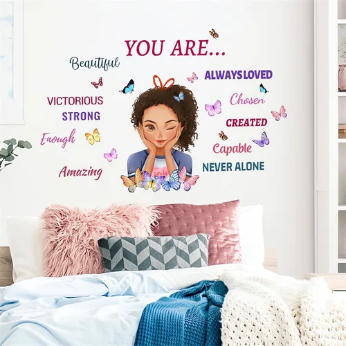 Vista 4 de Calcomanías inspiradoras de pared para niña negra, sacinora con frases motivacionales de mariposas, vinilo extraíble para despegar y pegar