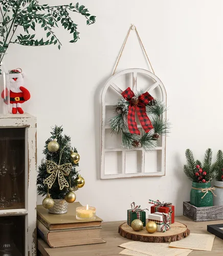 Vista 4 de NEWLIGHTURE Decoración navideña de madera para colgar en la pared, paquete de 2 letreros rústicos de ventana navideños con corona para interiores