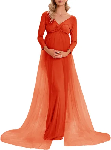 Vista 2 de ZIUMUDY Vestido de maternidad de tul con hombros descubiertos para sesión de fotos, vestido de fotografía ajustado de manga larga para baby shower