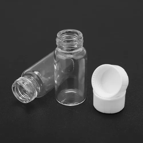 Vista 5 de Frascos de vidrio transparente de 0.2 fl oz con tapas de plástico de rosca, paquete de 100 botellas pequeñas de muestra líquida, frasco a prueba