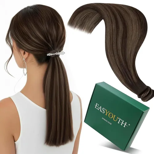 Vista 22 de Easyouth Extensión de cabello humano rubio con cola de caballo, extensiones de cabello humano rubio dorado con reflejos rubios, extensiones