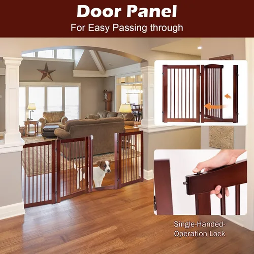 Vista 4 de PETSITE Puerta para perros configurable independiente con puerta de paso, 4 paneles de 88 pulgadas de ancho y 36 pulgadas de alto, puerta de madera