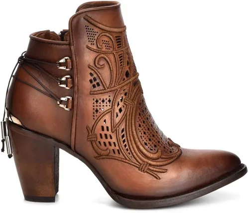 Vista 2 de Cuadra Botines para mujer en piel auténtica con bordado y cremallera marrón Marrón