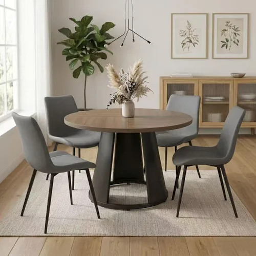 Vista 9 de HIPIHOM Juego de mesa de comedor redonda de 47.2 pulgadas para 4 mesas de madera modernas con 4 sillas tapizadas, base de pedestal de metal, muebles