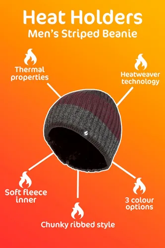 Vista 6 de Heat Holders Gorro de invierno a rayas de forro polar para hombre con aislamiento térmico cálido