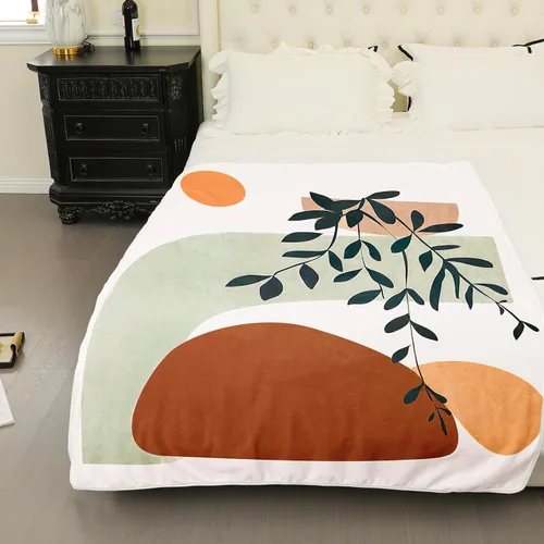 Vista 4 de Manta bohemia de franela de doble cara con sol y hojas, adecuada para adultos y niños en el sofá, automóvil, siesta de cama, manta cálida y cómoda