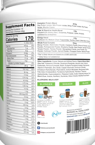 Vista 4 de LEAN1 polvo de proteína de reemplazo de comida, sabor chocolate, tubo de 15 porciones