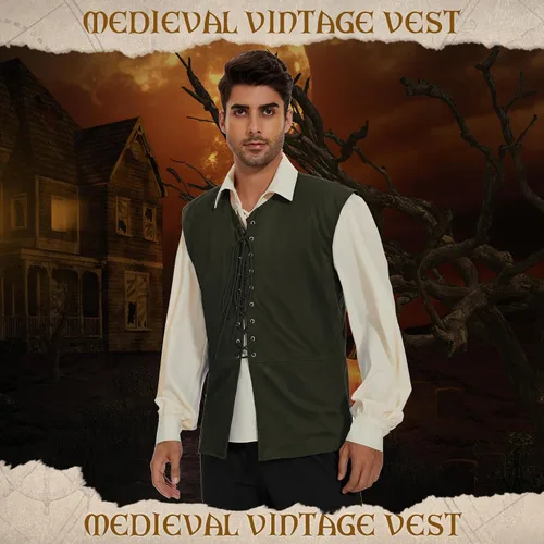 Vista 21 de Zando Chaleco pirata renacentista medieval vikingo para hombre, disfraz de Halloween o cosplay