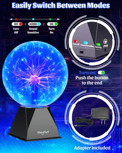 Vista 6 de Theefun Bola de plasma azul: globo de plasma enorme de 8 pulgadas, regalos de cumpleaños, lámpara de bola de plasma sensible al tacto y al sonido