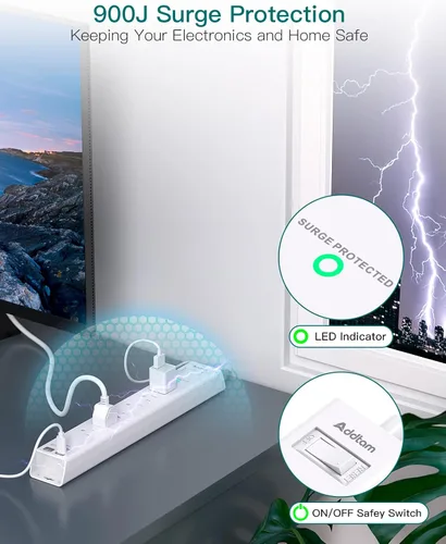 Vista 5 de Regleta protectora contra sobretensiones con USB C, cable de extensión de enchufe plano con 6 salidas de CA, 4 USB (2 USB C), montaje en pared, 5