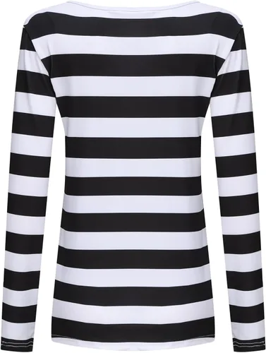 Vista 6 de QUJQOM Disfraz de ladrón de Halloween para mujer, adulto, ladrón de bancos, cosplay, camiseta a rayas, calcetines con guantes, bolsas de lona