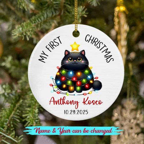 Vista 2 de Adornos de cerámica personalizados con texto en inglés «My First Christmas», bonito adorno de Navidad de gato para bebés, niños, primer recuerdo