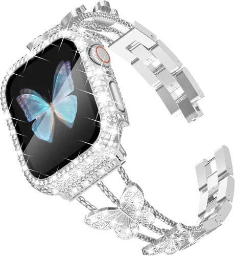 Vista 11 de Correa Bling y Funda WINGLE para Apple Watch para Mujeres 40mm SE 3/2/1 Series 6 5 4, Correa de Brazalete de Metal con Diamantes de Imitación