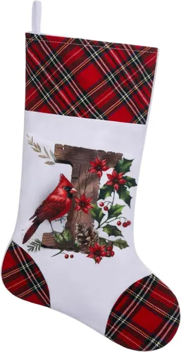 Vista 12 de Medias de Navidad personalizadas de 20 pulgadas, diseño cardenal, medias con monograma inicial para decoración colgante de chimenea, familia, letra A