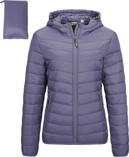 Vista 18 de Outdoor Ventures Chaqueta Puffer Ligera Empacable para Mujer con Cremallera Completa y Capucha, Abrigo de Invierno Acolchado Azul claro