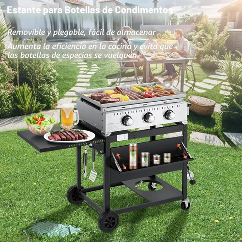 Vista 5 de MELLCOM Plancha de gas para exteriores de 3 quemadores de 30000 BTU con tapa (estante lateral), plancha portátil de superficie plana de 28 pulgadas
