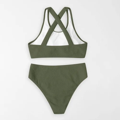 Vista 3 de Traje de baño de dos piezas acanalado sin espalda para mujer, traje de baño de cintura alta de 2 piezas