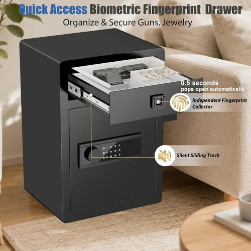 Vista 2 de 2.4 Cu Ft Small Safe Box Fireproof Waterproof -Home Safe with Biometric Fingerprint Drawer & Removable Shelf, Dual Alarm System,Gun Safe for