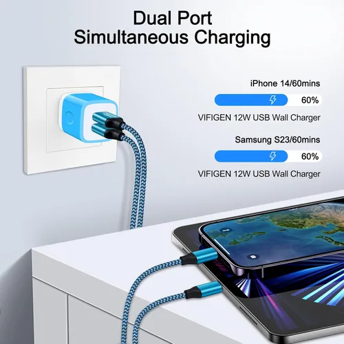Vista 2 de Bloque de cargador de pared, enchufe de pared USB, paquete de 3 cubos de carga rápida USB doble cargador de teléfono celular, adaptador de corriente