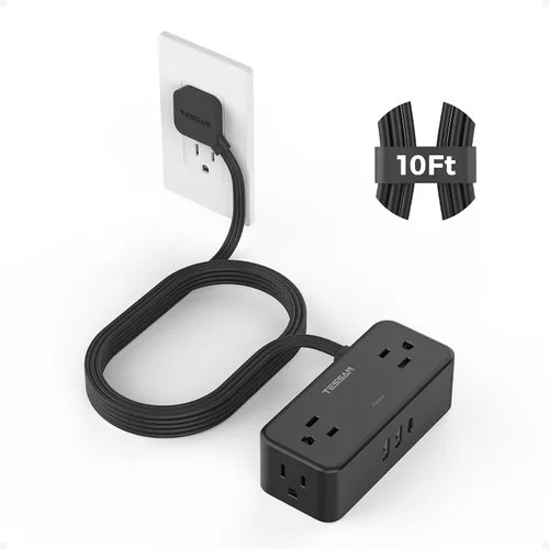 Vista 8 de Cable de extensión plano de 5 pies, TESSAN Regleta de protección contra sobretensiones con 4 tomas de CA ampliamente espaciadas, protección contra