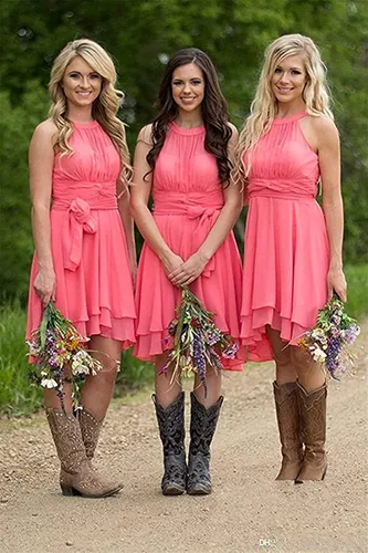 Vista 2 de DFDG Vestido de dama de honor para mujer corto plisado de gasa formal con bolsillos CM072