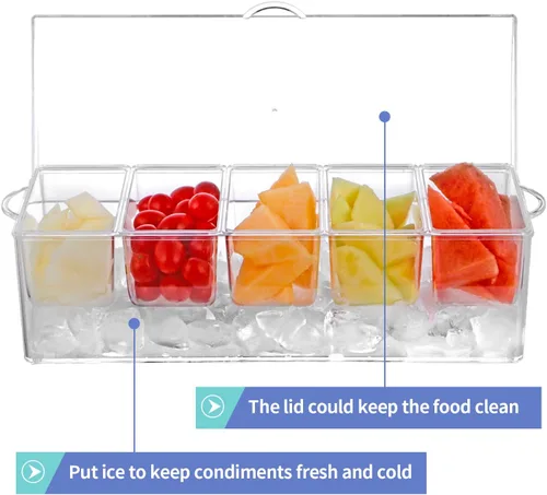 Vista 4 de MOLIGOU Servidor de condimentos refrigerado con tapa, bandeja de condimentos refrigerados con 5 compartimentos extraíbles, recipientes para servir